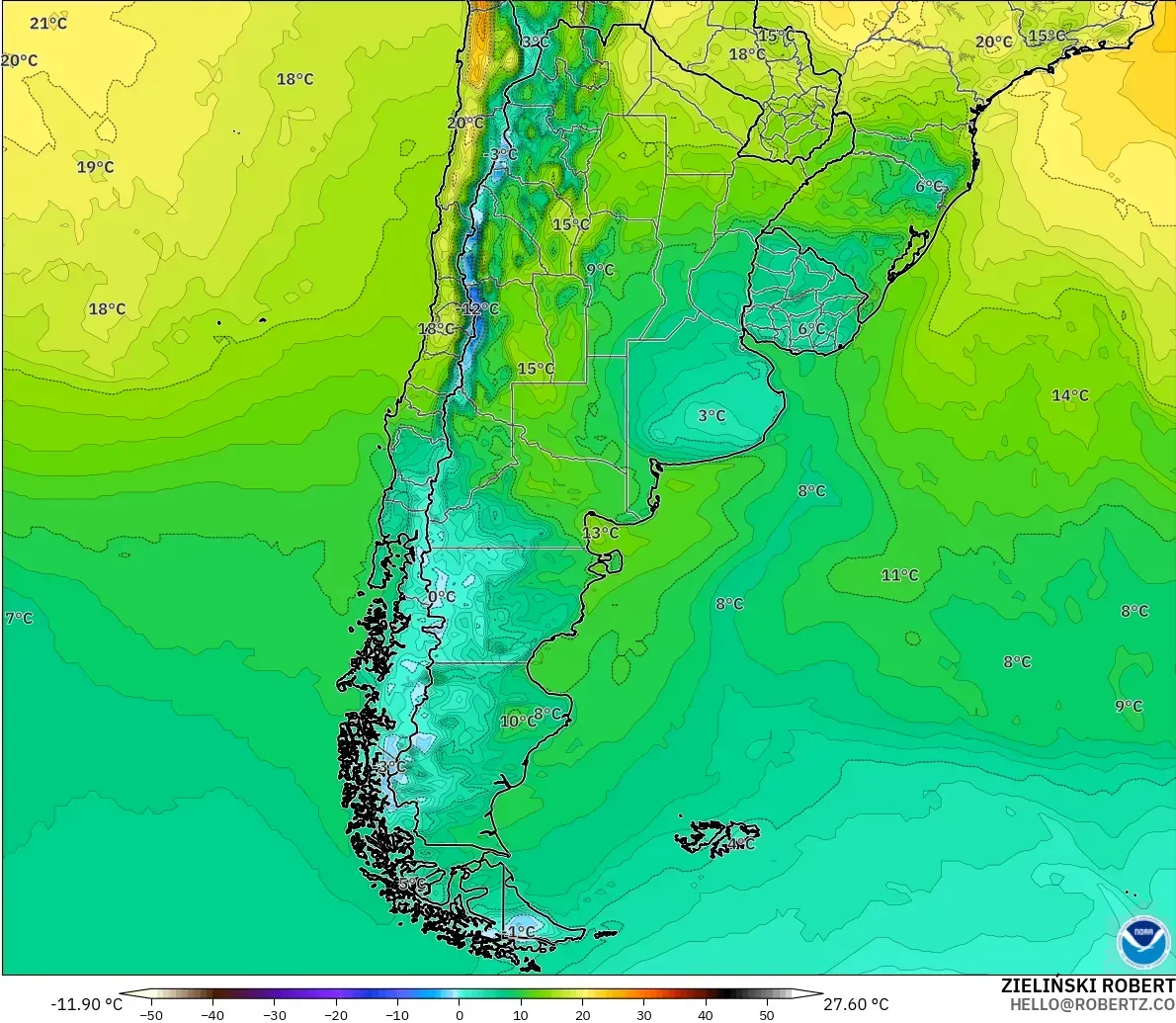 GFS modelo - Argentina, Temperatura a 2 m