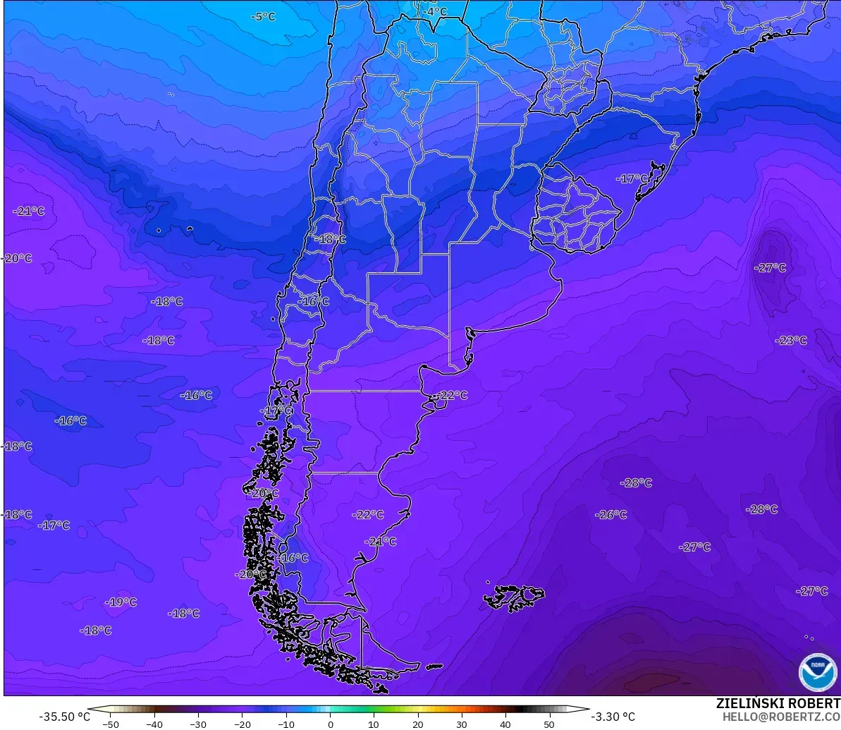 GFS modelo - Argentina, Temperatura a 500 hPa