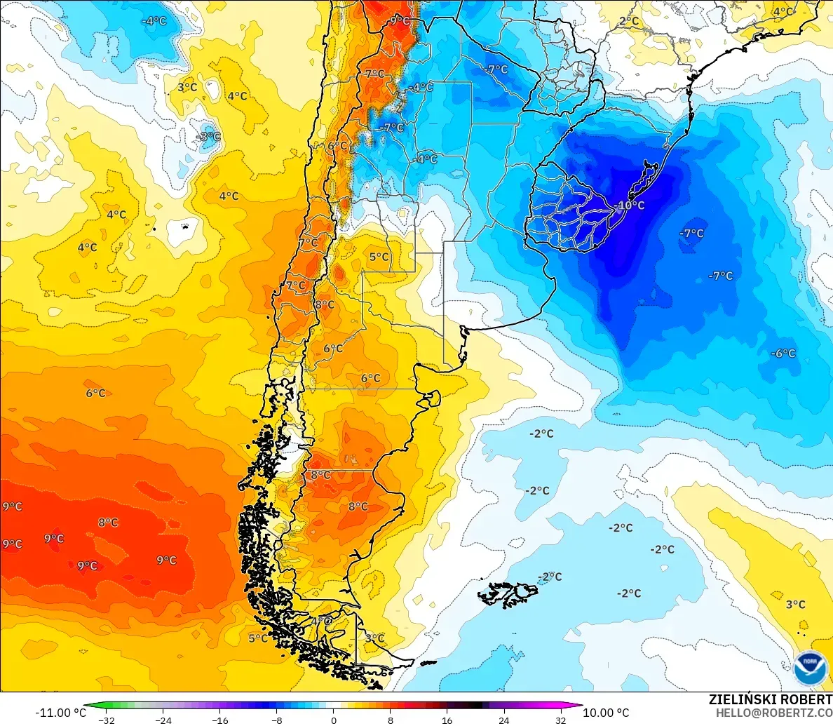 GFS modelo - Argentina, Anomalia de temperatura a 850 hPa