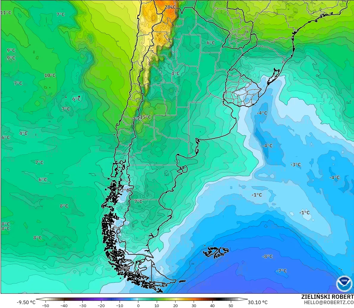 GFS modelo - Argentina, Temperatura a 850 hPa