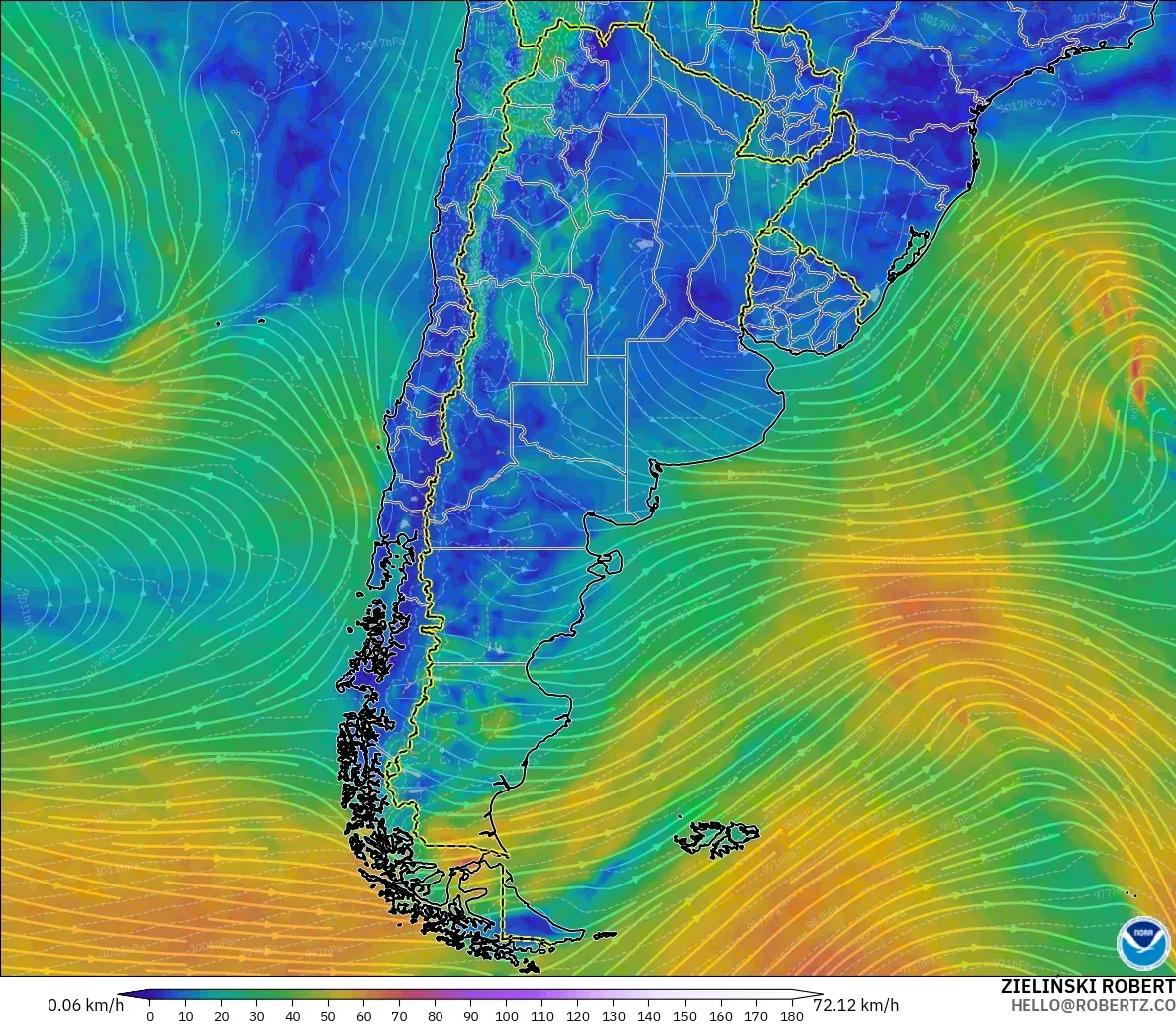 GFS modelo - Argentina, Vento a 10 m