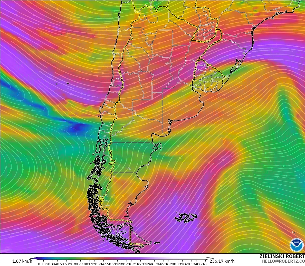 GFS modelo - Argentina, Vento a 300 hPa (corrente em jato)