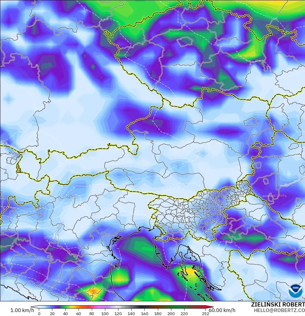 GFS modelo - Áustria, Rajadas de vento
