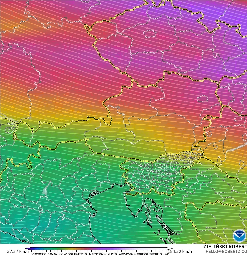 GFS modelo - Áustria, Vento a 300 hPa (corrente em jato)