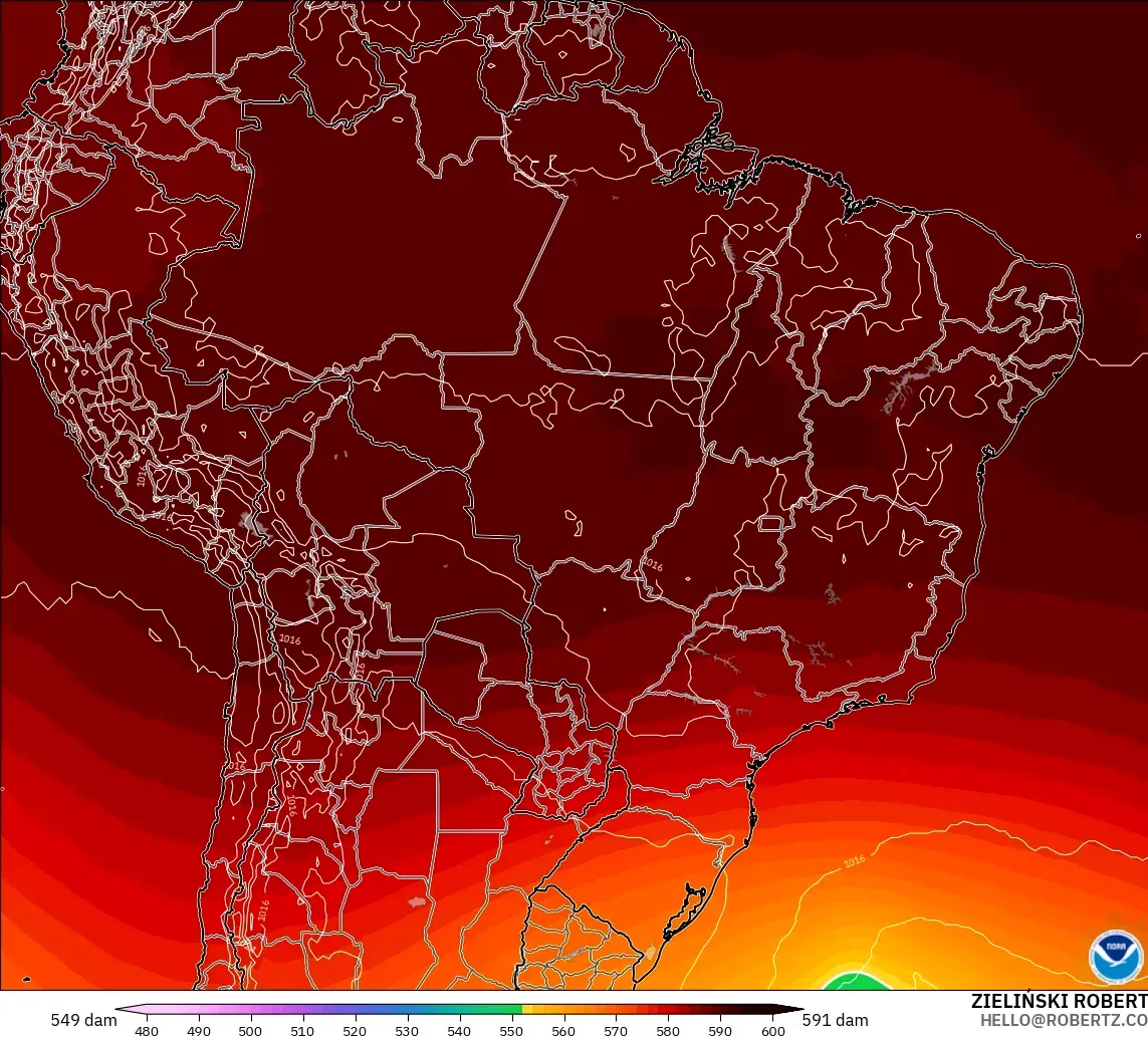 GFS modelo - Brasil, Altura geopotencial a 500 hPa