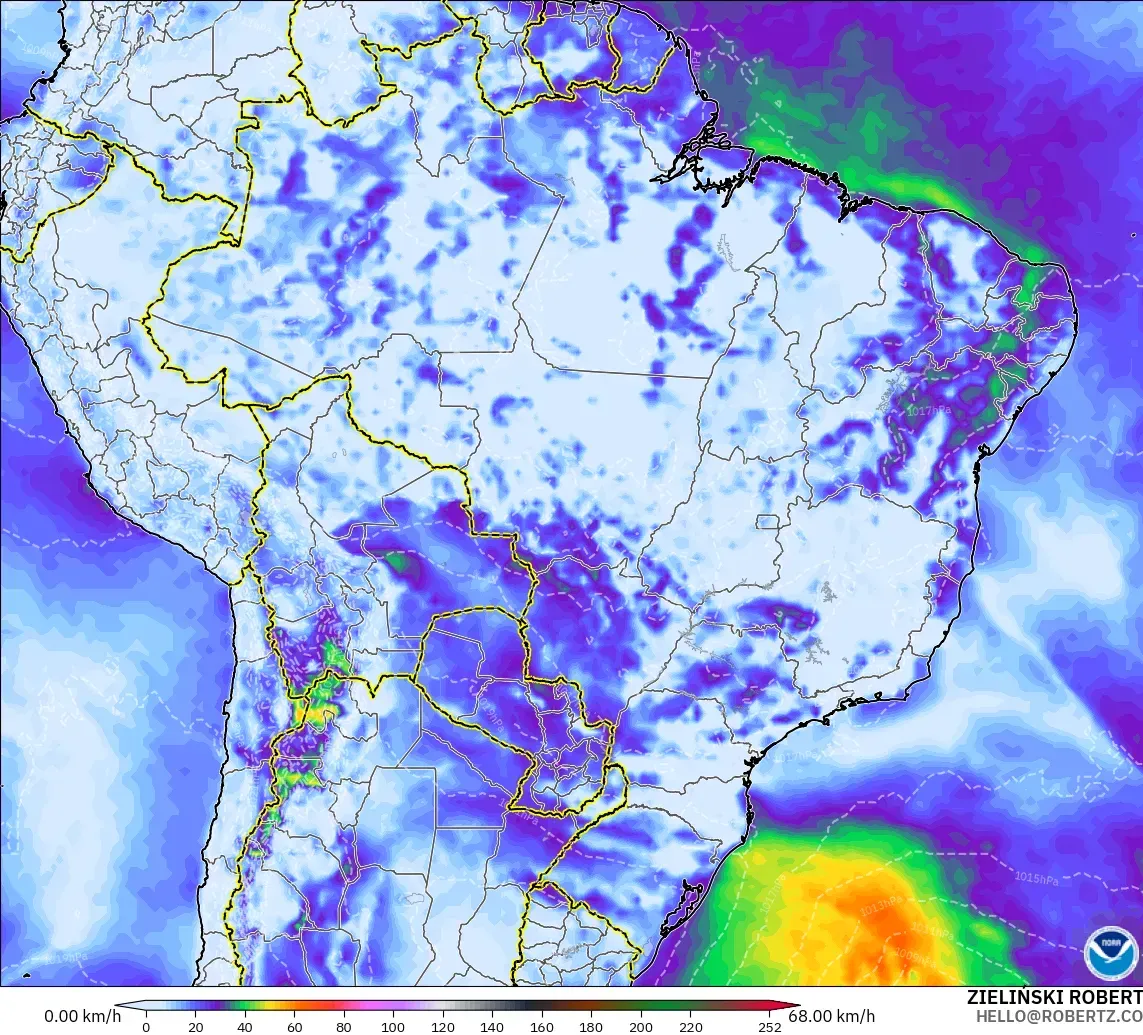 GFS modelo - Brasil, Rajadas de vento