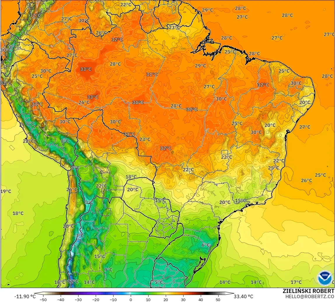GFS modelo - Brasil, Temperatura a 2 m