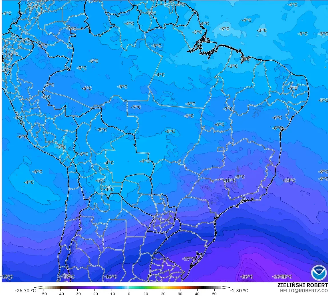 GFS modelo - Brasil, Temperatura a 500 hPa