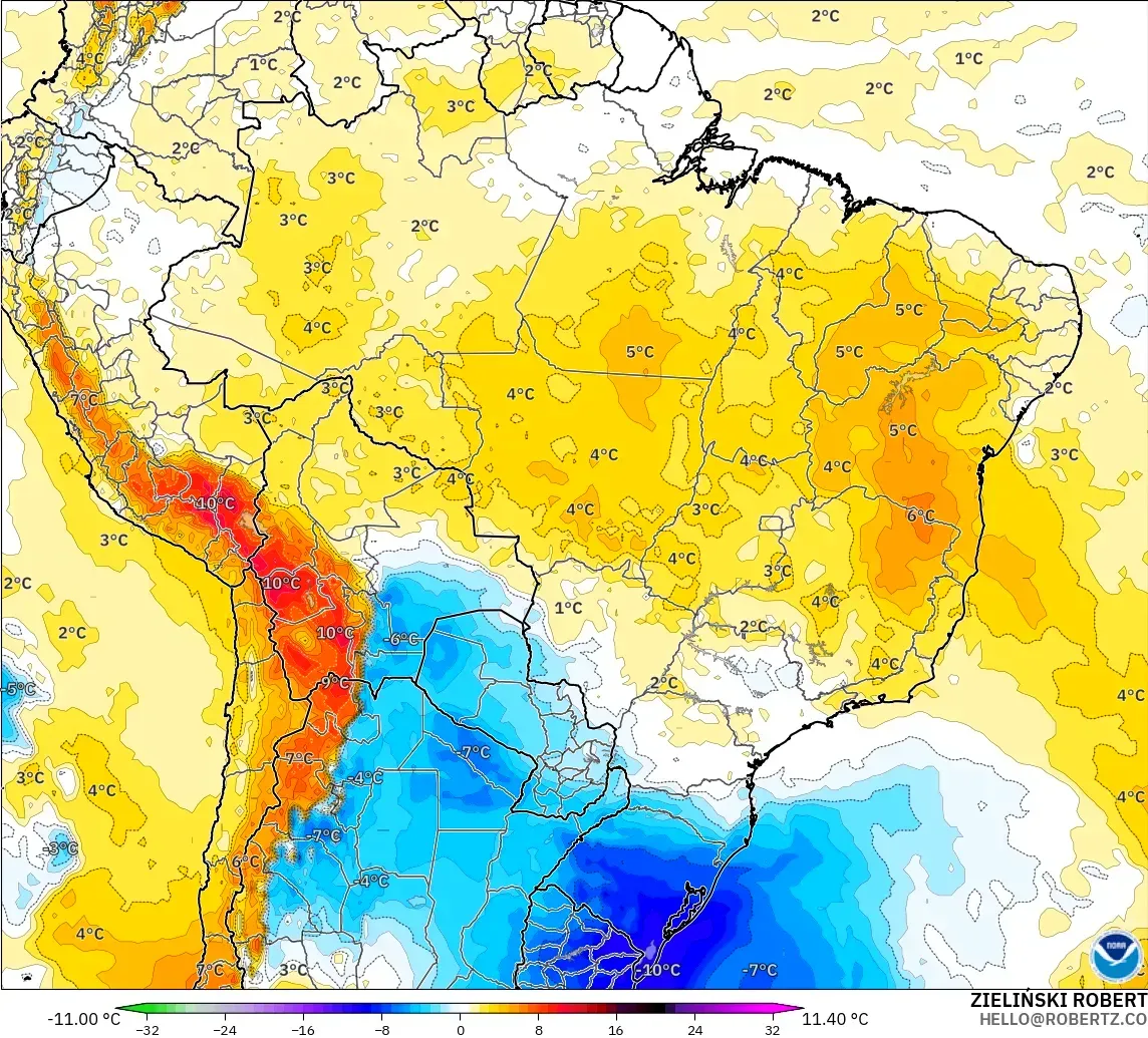 GFS modelo - Brasil, Anomalia de temperatura a 850 hPa