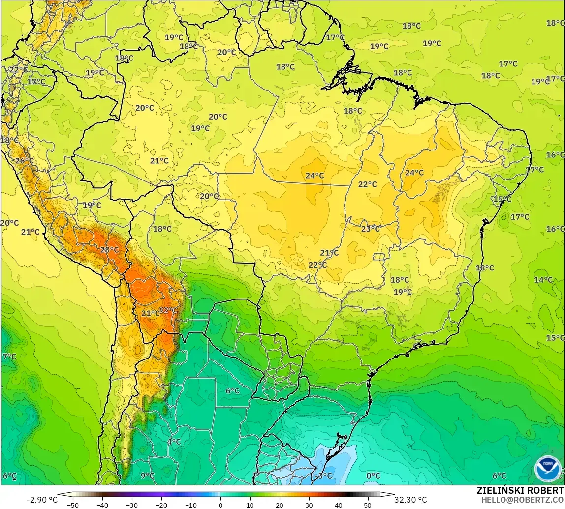 GFS modelo - Brasil, Temperatura a 850 hPa