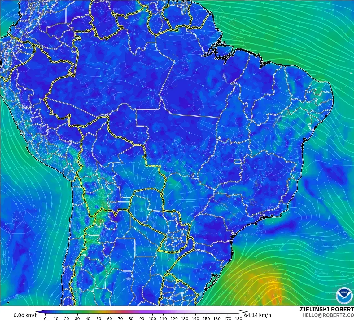 GFS modelo - Brasil, Vento a 10 m