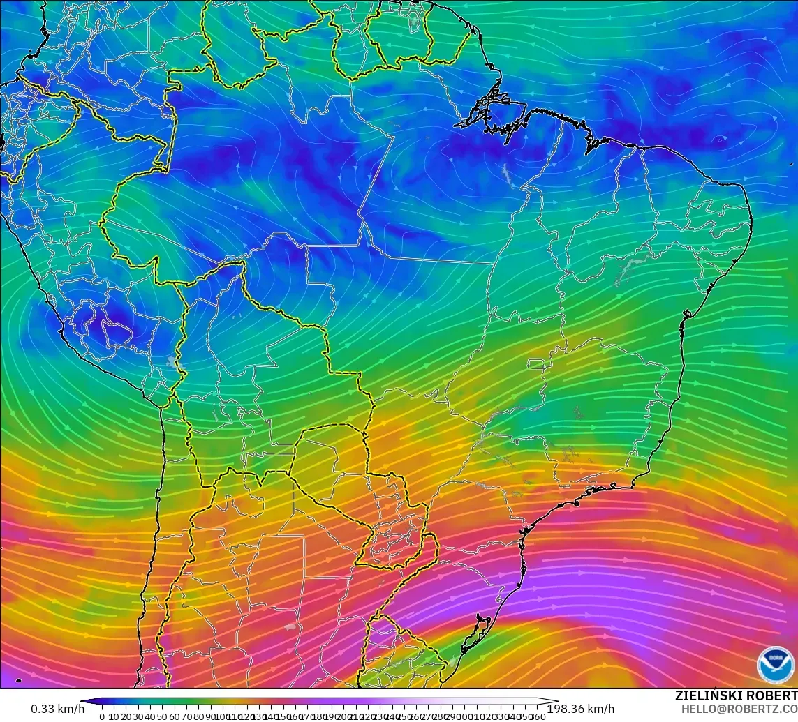 GFS modelo - Brasil, Vento a 300 hPa (corrente em jato)