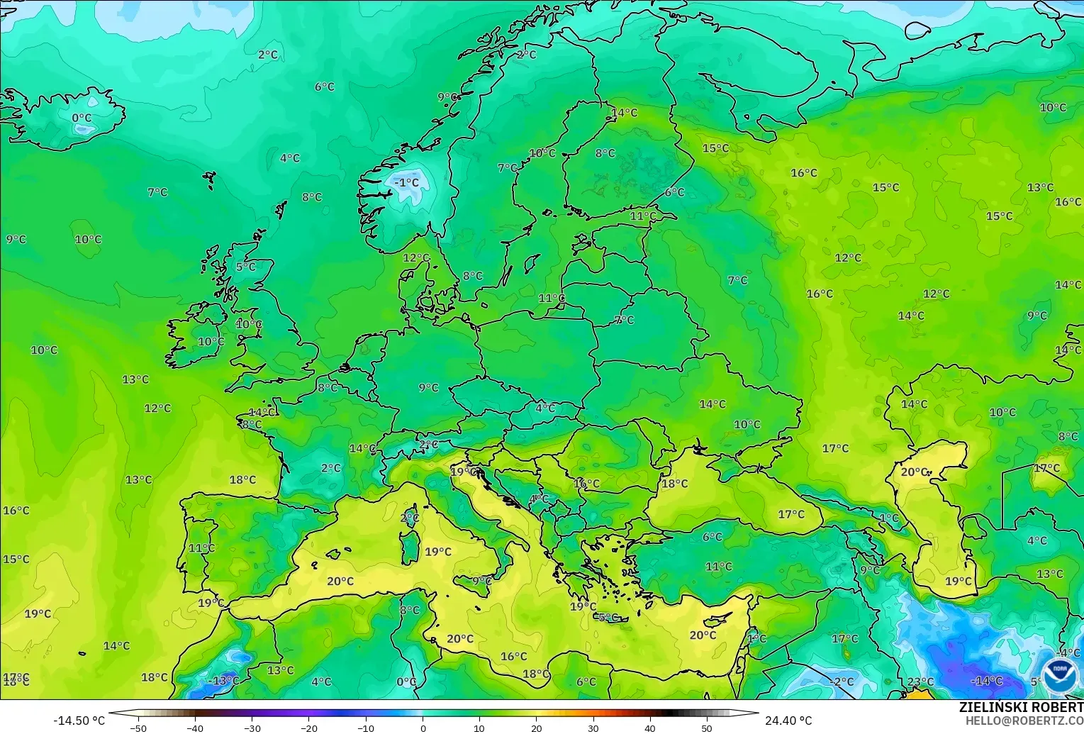 GFS modelo - Europa, Ponto de orvalho a 2 m