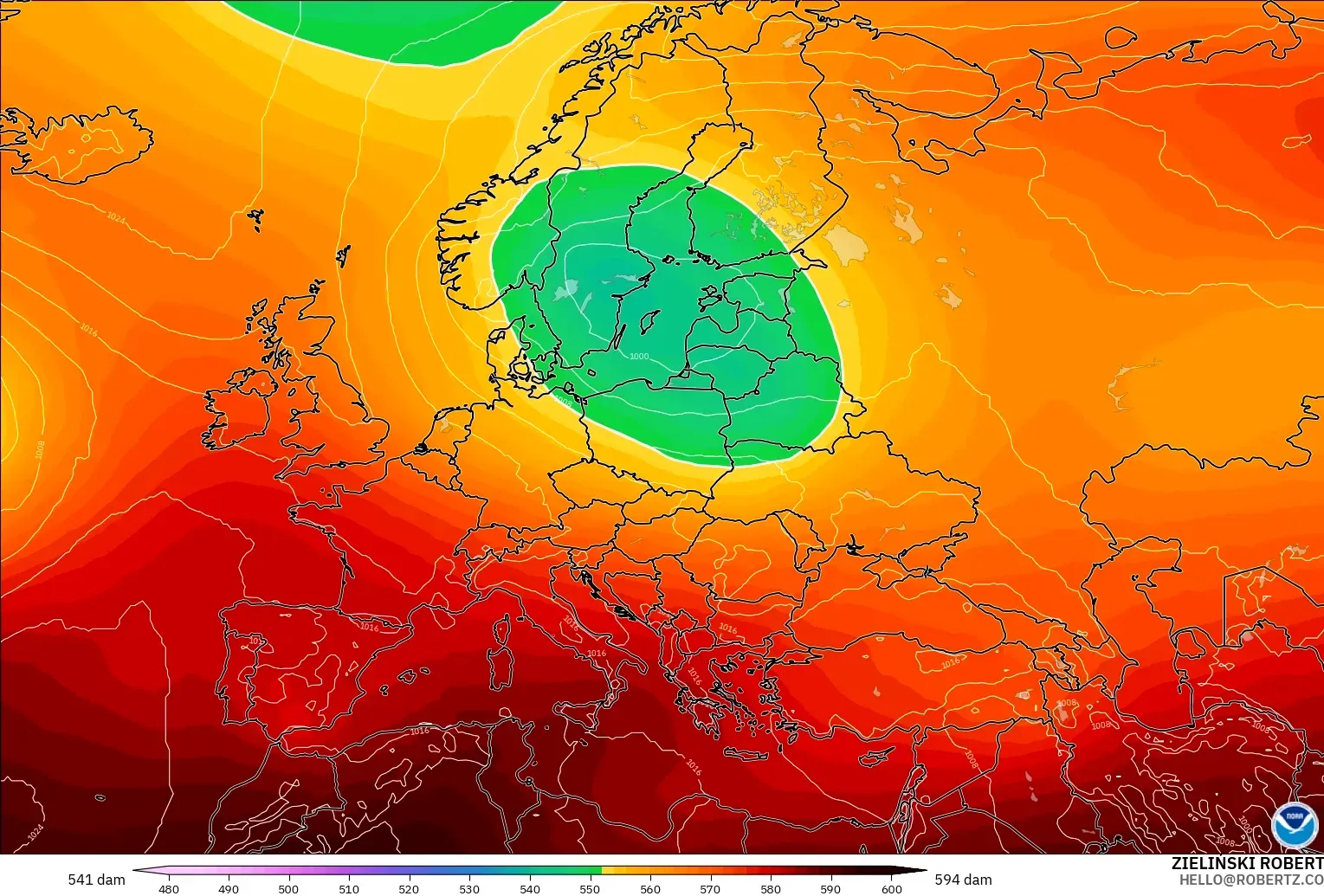 GFS modelo - Europa, Altura geopotencial a 500 hPa