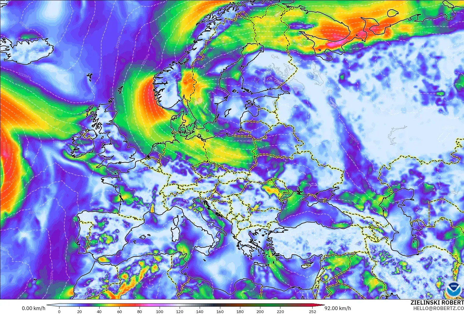 GFS modelo - Europa, Rajadas de vento