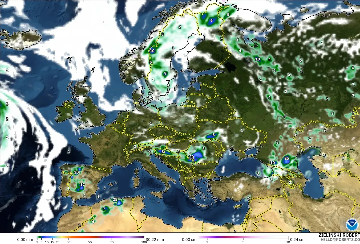 GFS modelo - Europa, Precipitação, nuvens e pressão