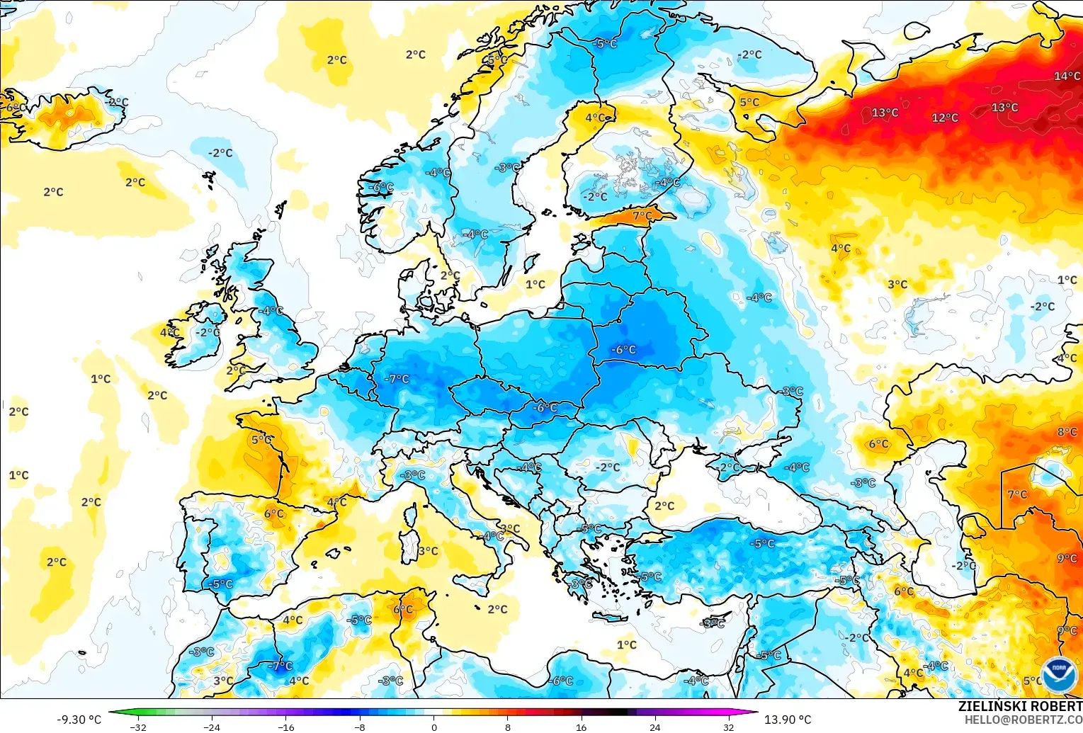GFS modelo - Europa, Anomalia de temperatura a 2 m