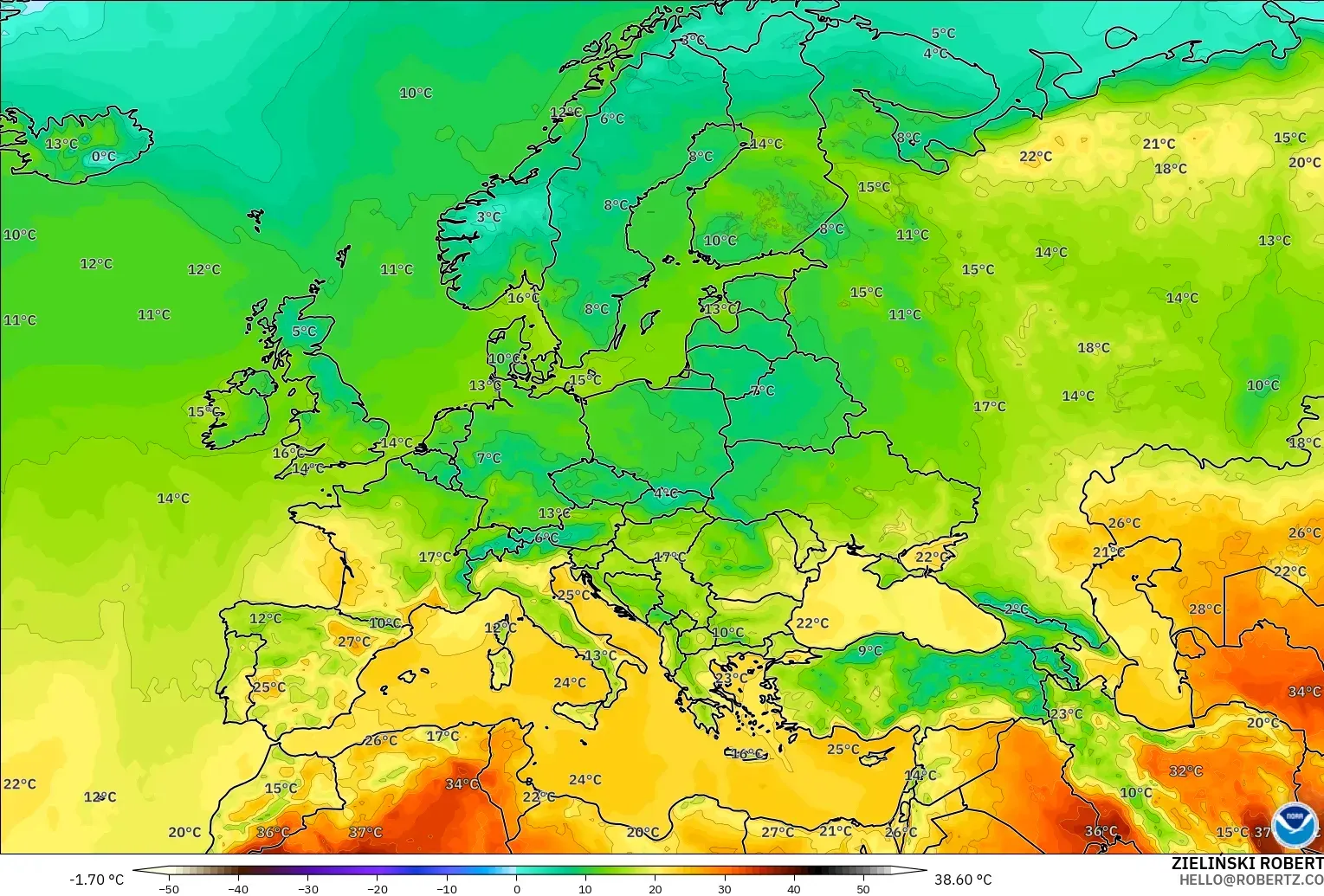 GFS modelo - Europa, Temperatura a 2 m