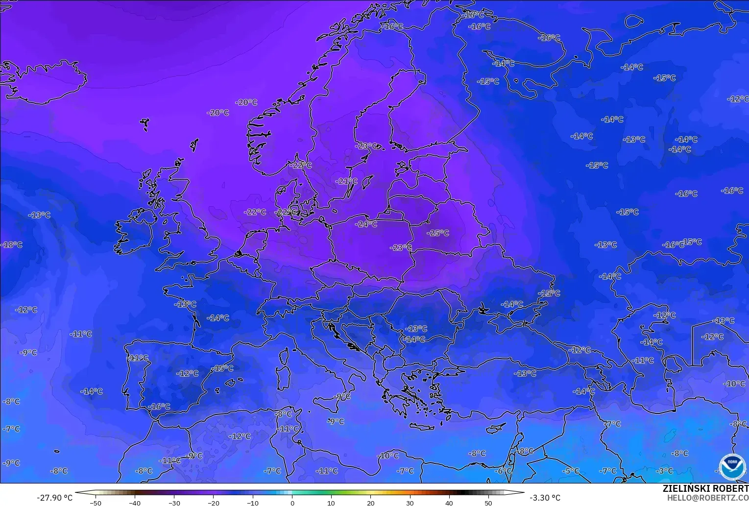 GFS modelo - Europa, Temperatura a 500 hPa
