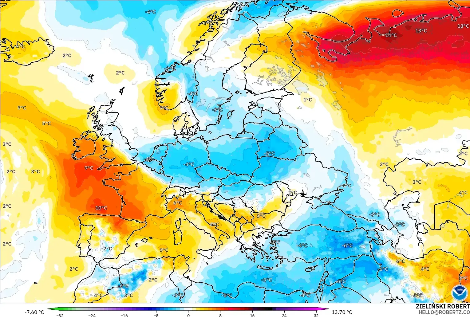 GFS modelo - Europa, Anomalia de temperatura a 850 hPa