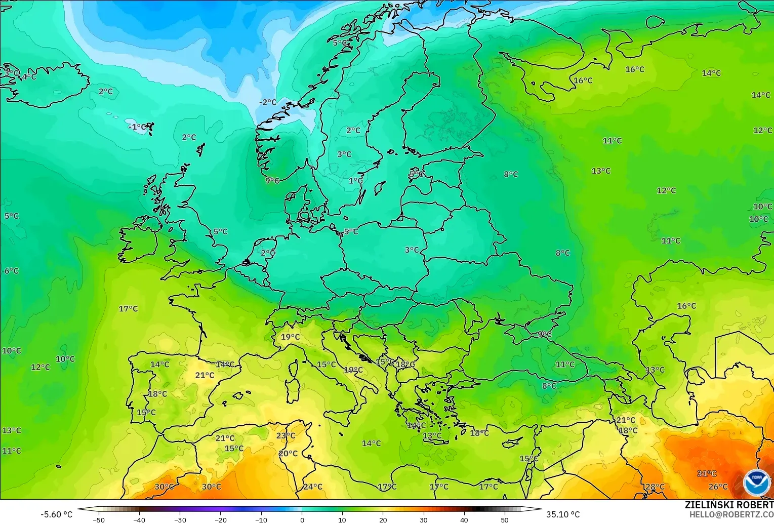 GFS modelo - Europa, Temperatura a 850 hPa