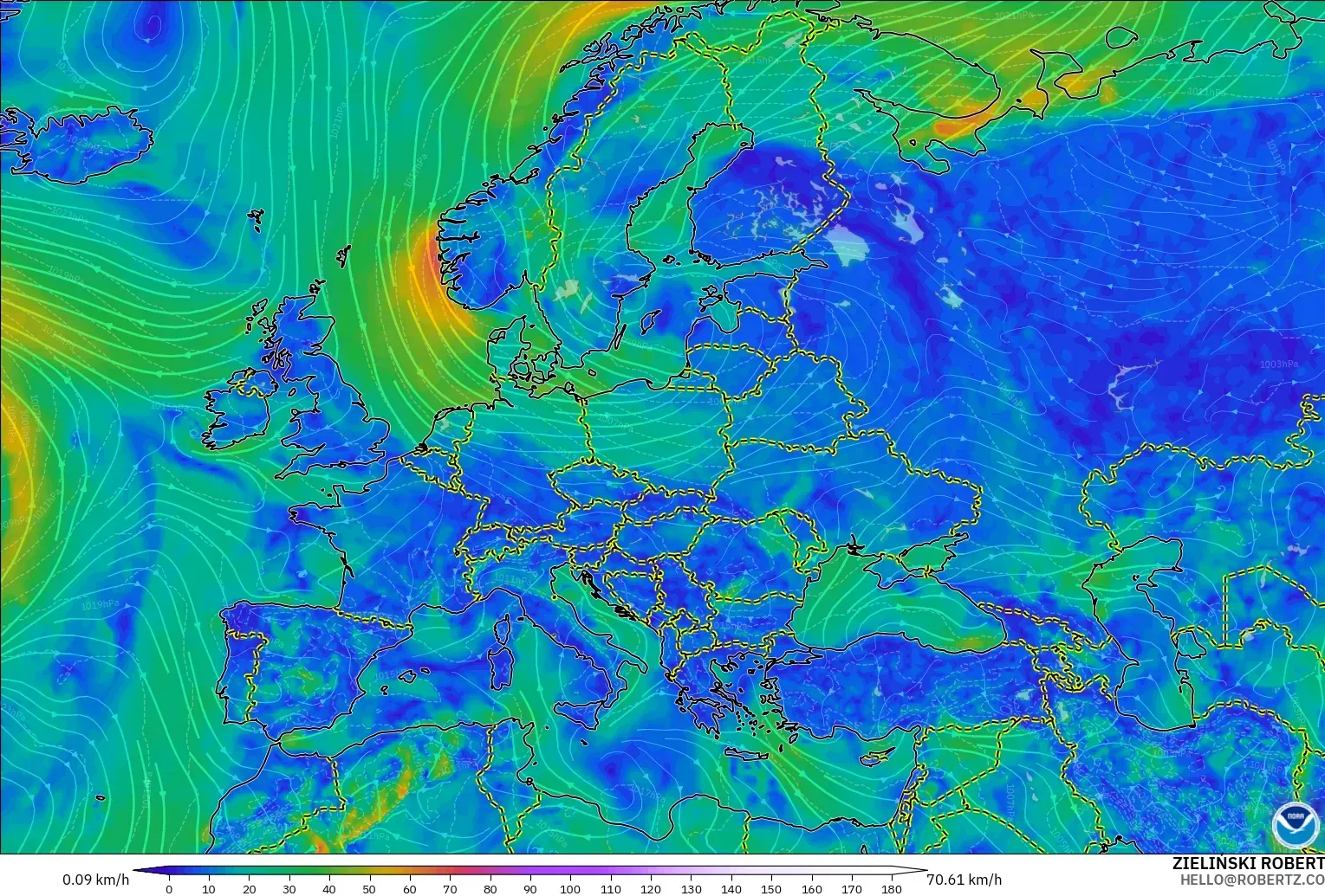GFS modelo - Europa, Vento a 10 m
