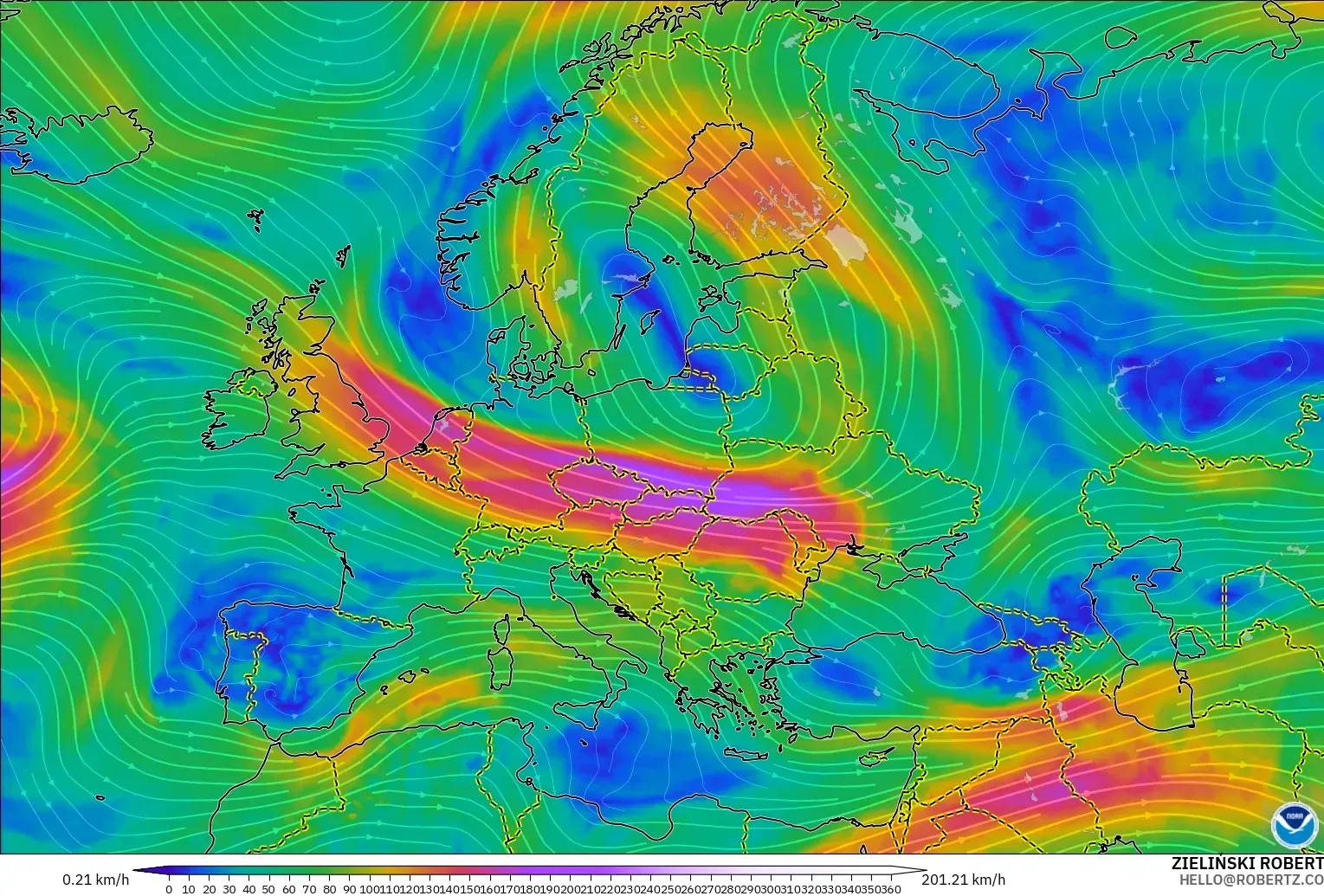 GFS modelo - Europa, Vento a 300 hPa (corrente em jato)