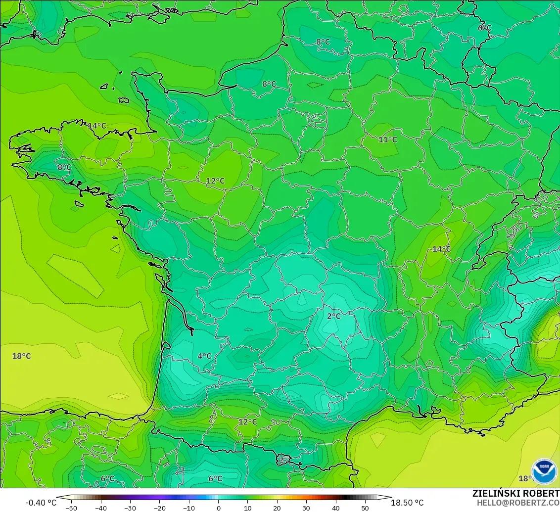 GFS modelo - França, Ponto de orvalho a 2 m