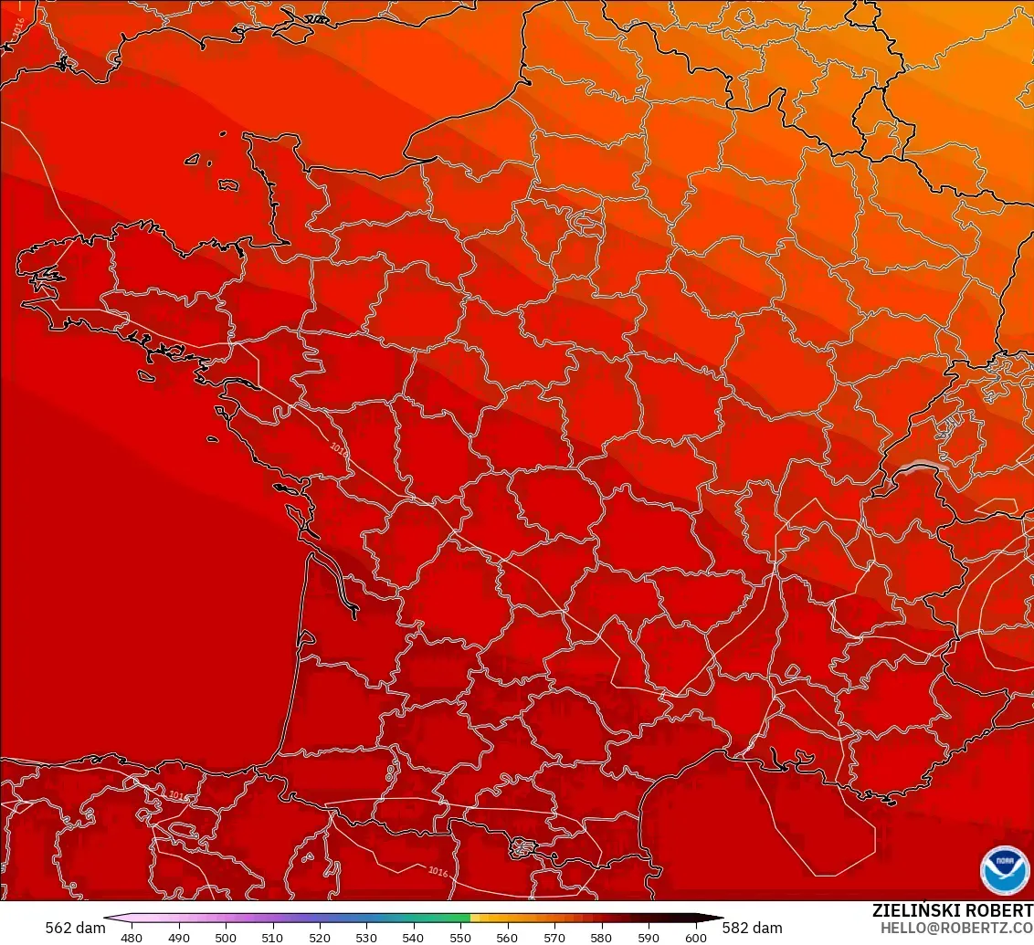 GFS modelo - França, Altura geopotencial a 500 hPa