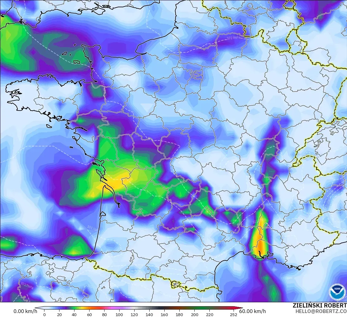 GFS modelo - França, Rajadas de Vento Máximas