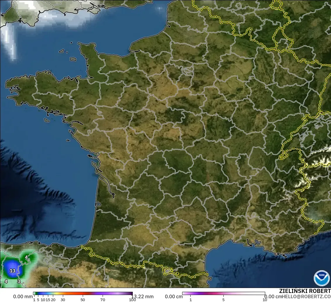 GFS modelo - França, Precipitação, nuvens e pressão