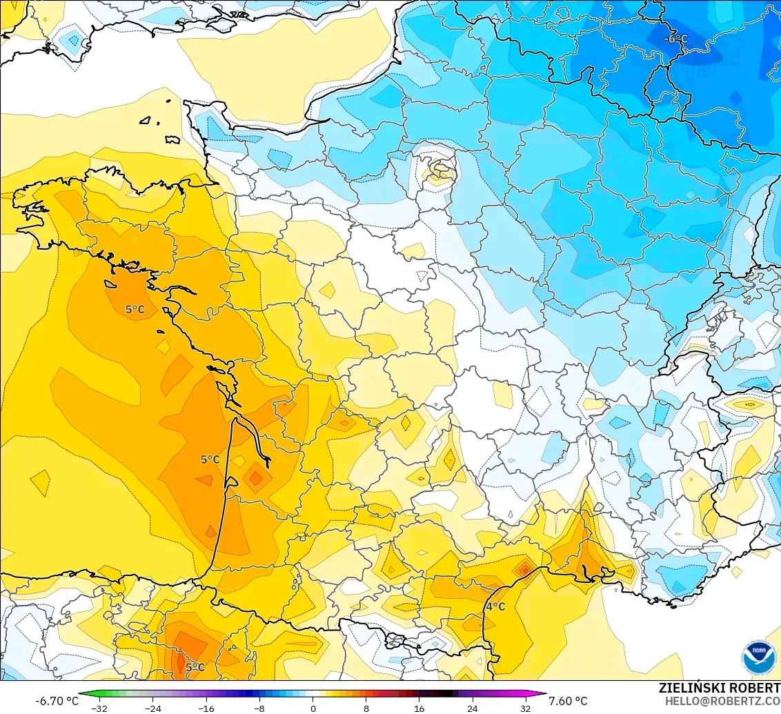 GFS modelo - França, Anomalia de temperatura a 2 m