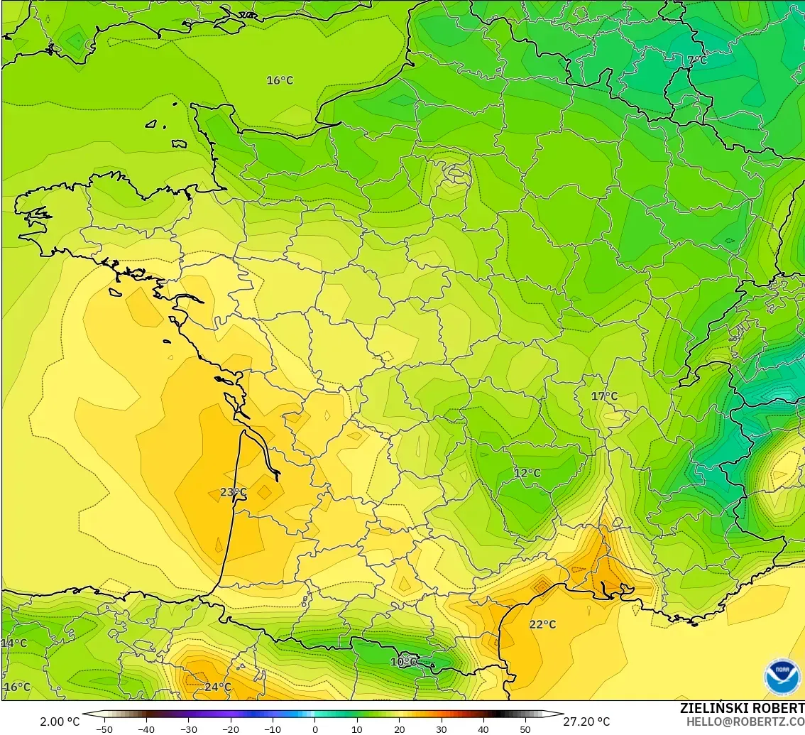 GFS modelo - França, Temperatura a 2 m