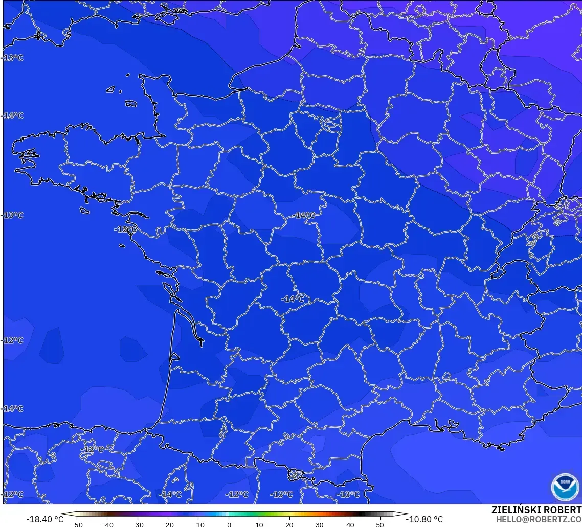 GFS modelo - França, Temperatura a 500 hPa