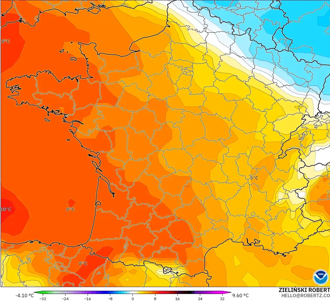 GFS modelo - França, Anomalia de temperatura a 850 hPa