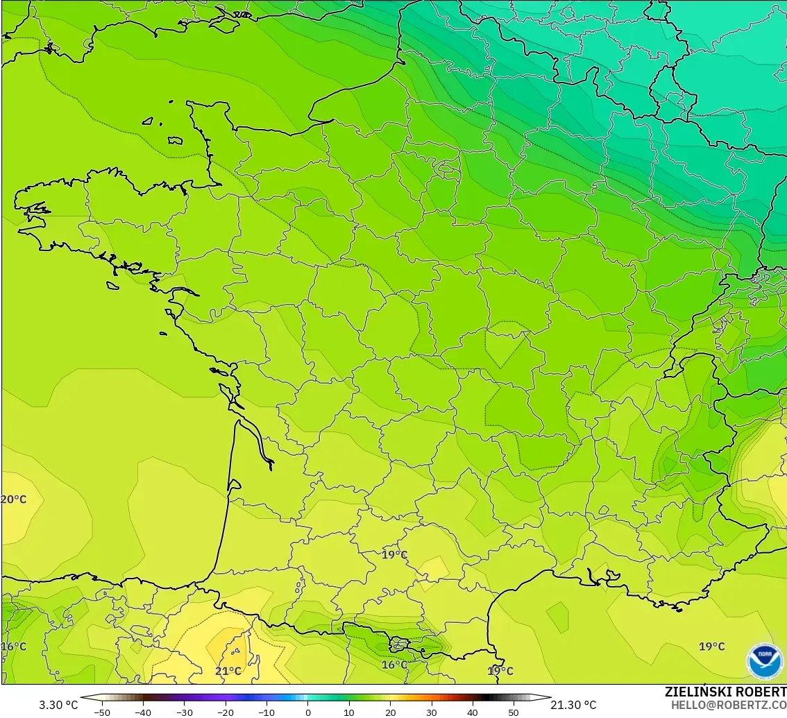 GFS modelo - França, Temperatura a 850 hPa