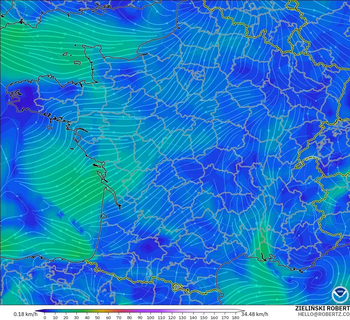 GFS modelo - França, Vento a 10 m