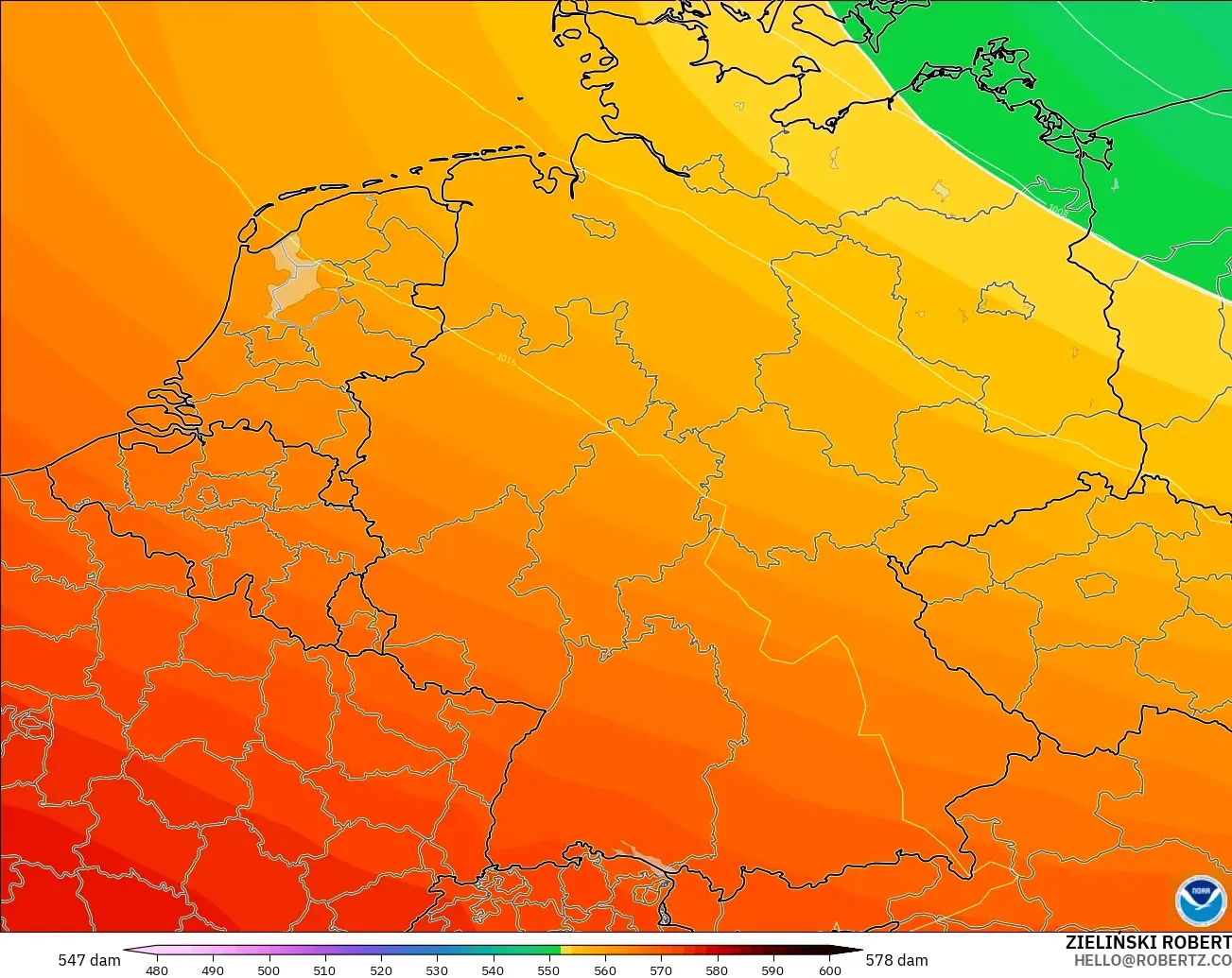 GFS modelo - Alemanha, Altura geopotencial a 500 hPa