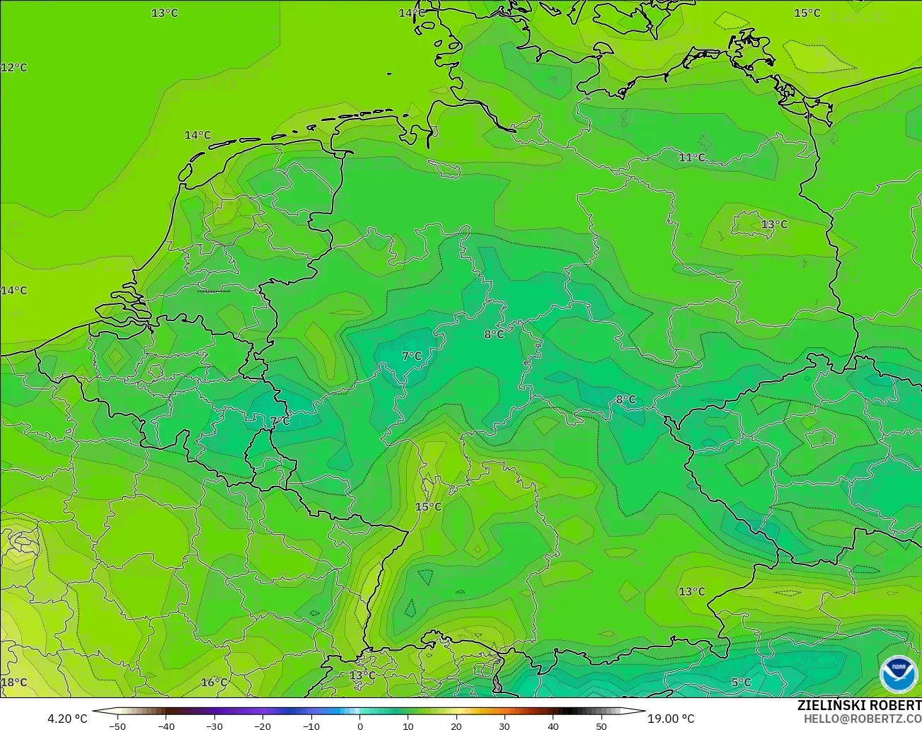 GFS modelo - Alemanha, Temperatura a 2 m