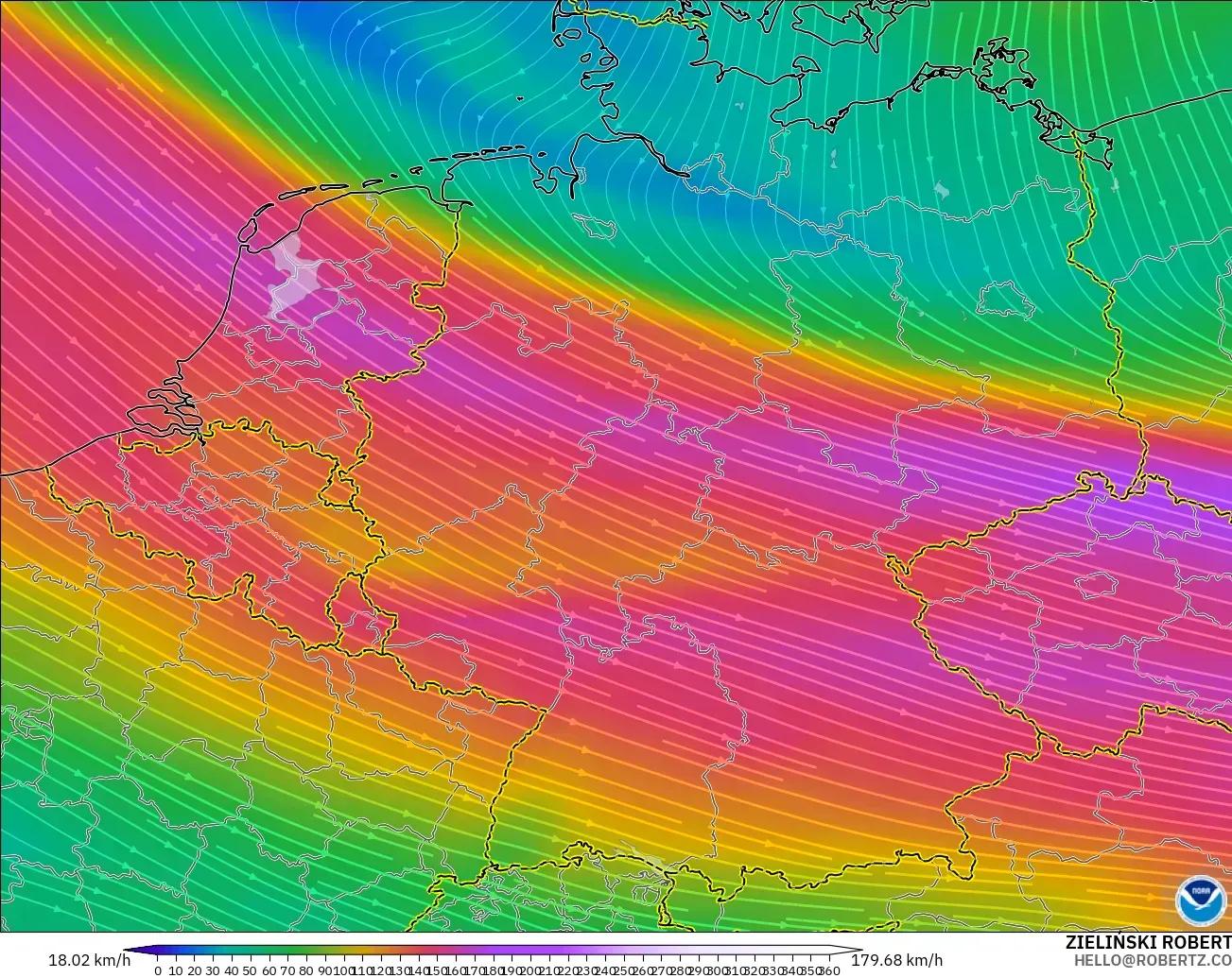 GFS modelo - Alemanha, Vento a 300 hPa (corrente em jato)