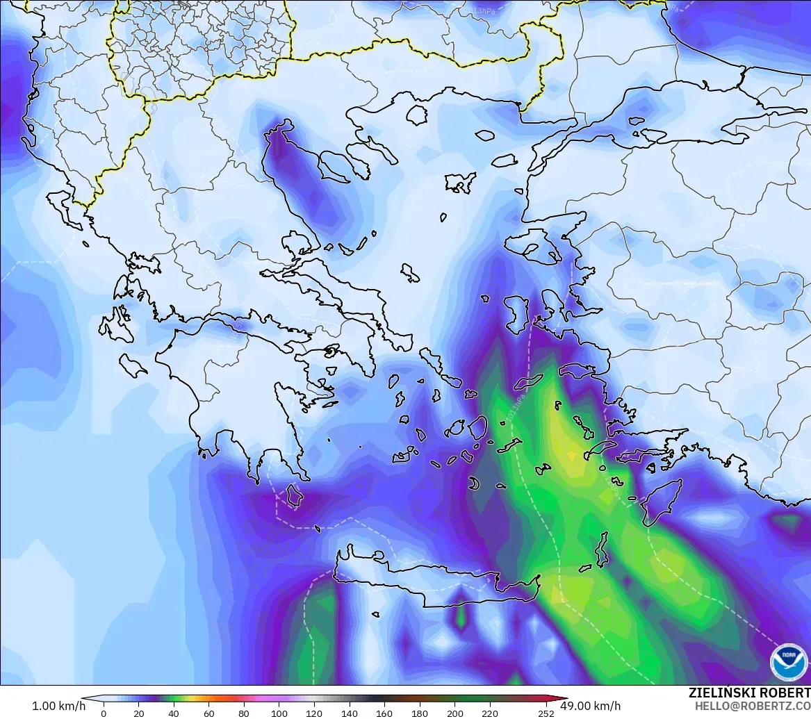 GFS modelo - Grécia, Rajadas de Vento Máximas