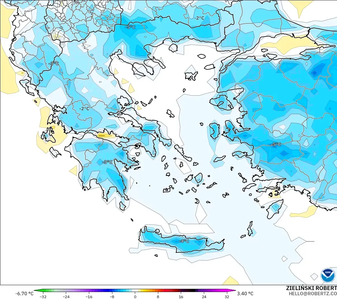 GFS modelo - Grécia, Anomalia de temperatura a 2 m