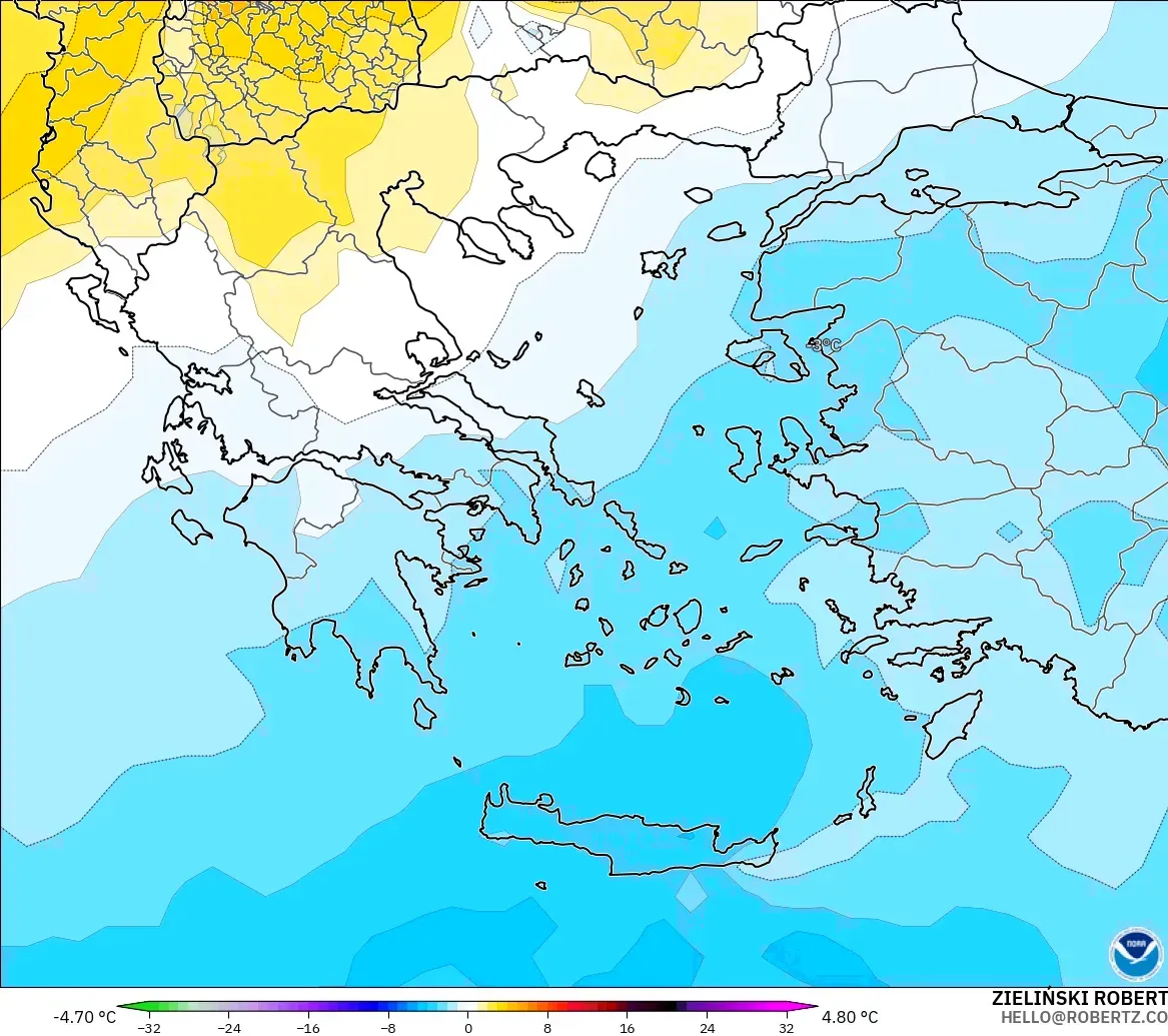 GFS modelo - Grécia, Anomalia de temperatura a 850 hPa