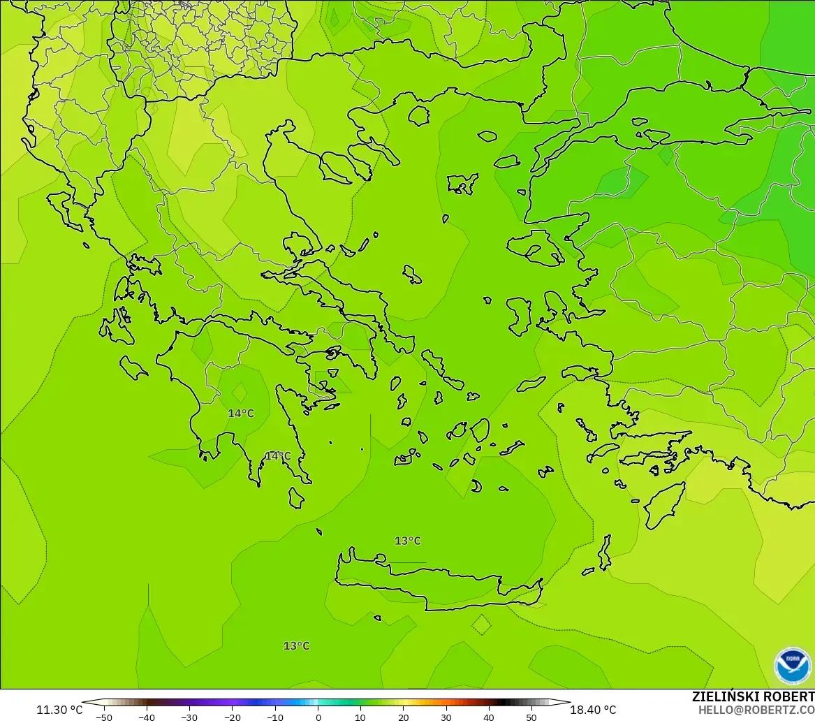GFS modelo - Grécia, Temperatura a 850 hPa