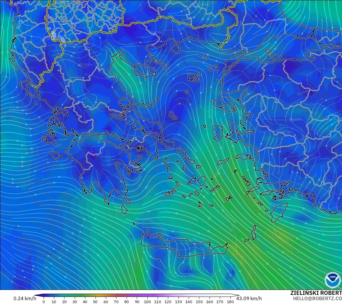 GFS modelo - Grécia, Vento a 10 m
