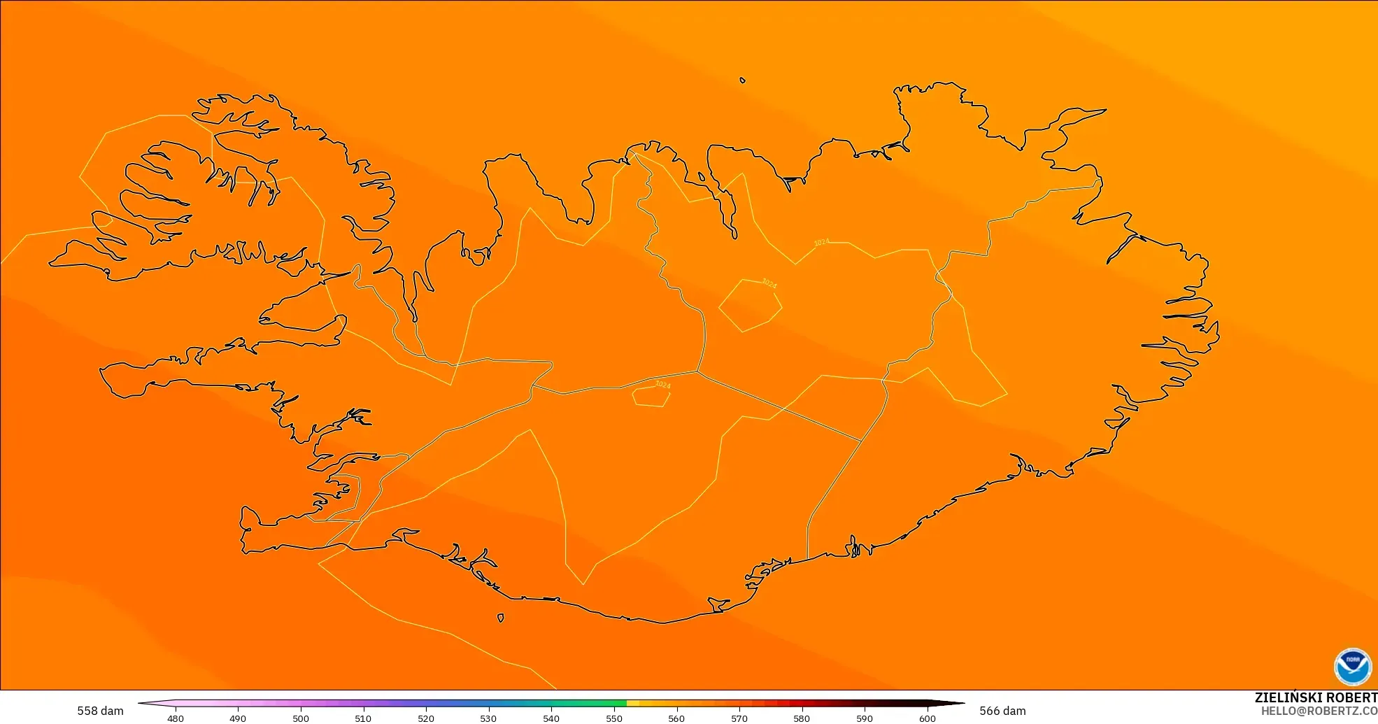 GFS modelo - Islândia, Altura geopotencial a 500 hPa