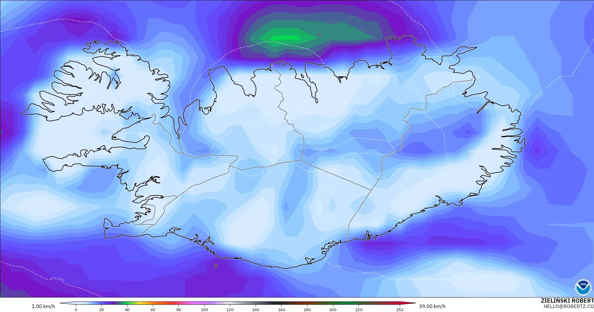 GFS modelo - Islândia, Rajadas de vento
