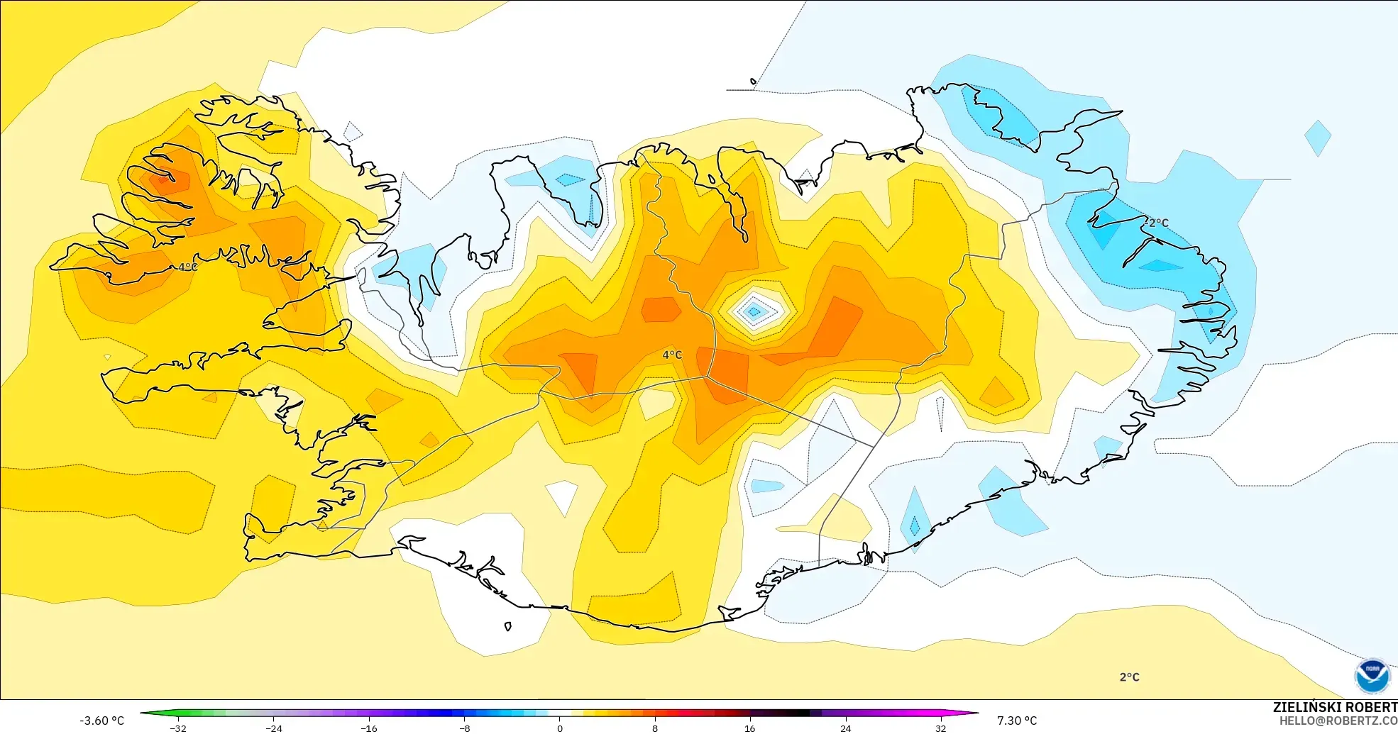 GFS modelo - Islândia, Anomalia de temperatura a 2 m
