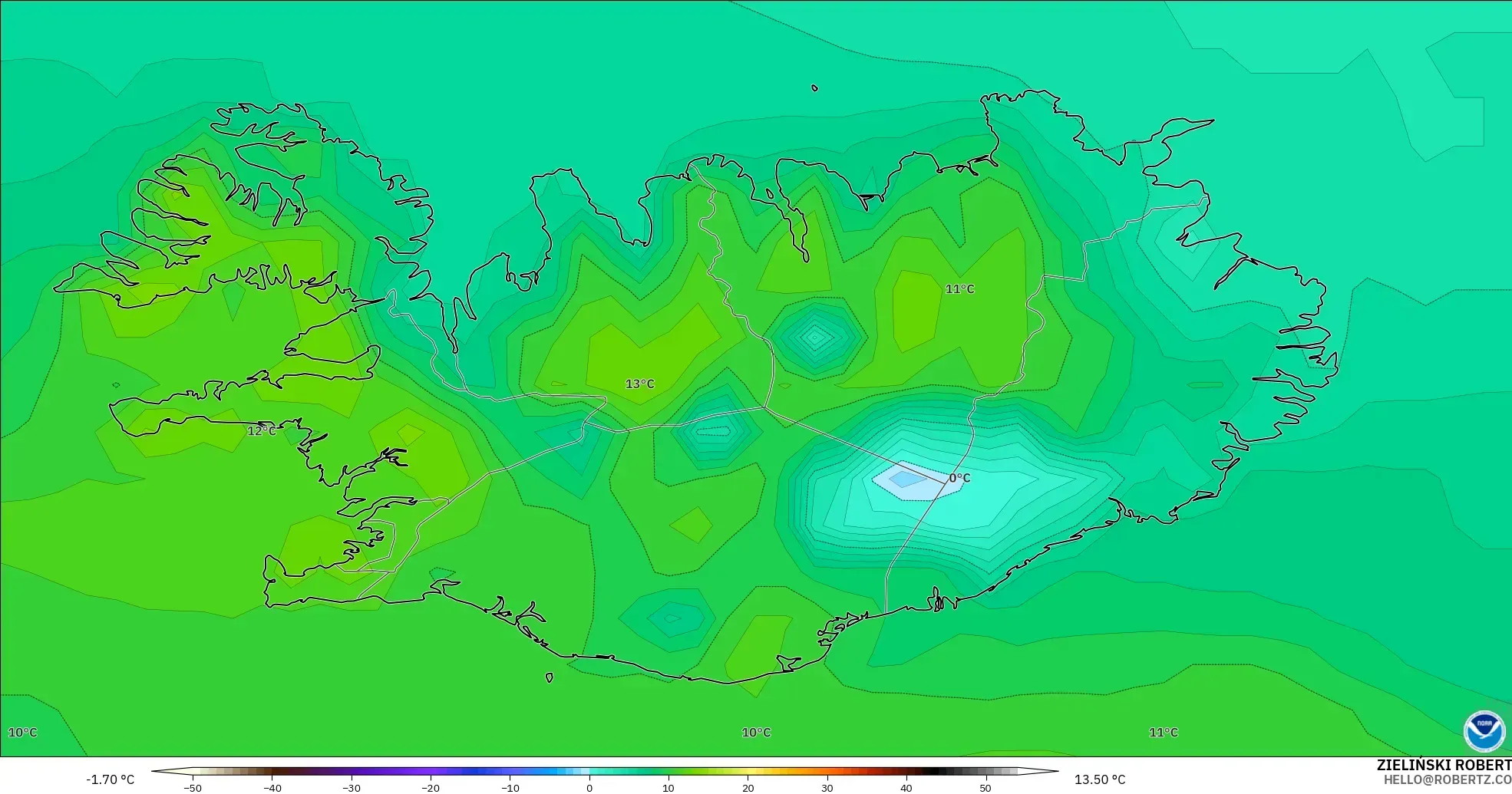GFS modelo - Islândia, Temperatura a 2 m