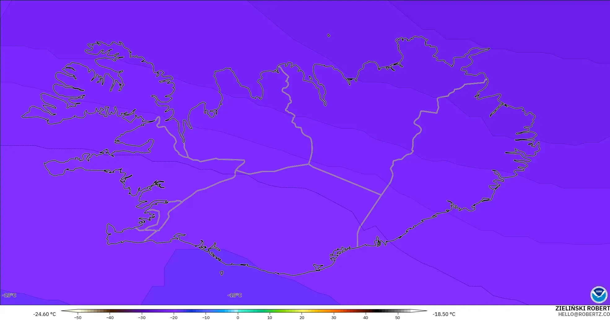 GFS modelo - Islândia, Temperatura a 500 hPa